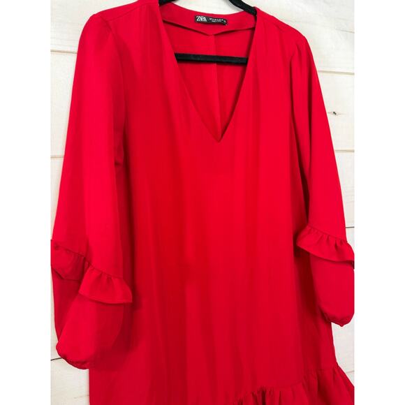 ZARA Red Sz M Long Sleeve Dress Ruffles V Neck Holiday Party Flirty FUN - Picture 5 of 5
